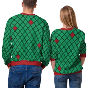 Weihnachts-Hoodies für Paare mit grünem Rautenmuster und rotem Rippstrick in der Rückansicht