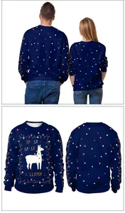 Detail of Christmas llama sweatshirt with FA-LA-LA print and colorful polka dot pattern