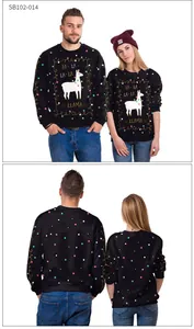 Front and back detail of black Christmas llama sweatshirt with colorful polka dots