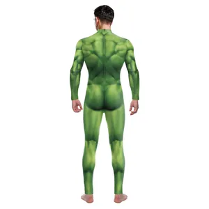 Green superhero bodysuit for men with realistic muscle printing and back zipper