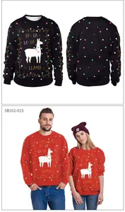 Detailed view of Christmas llama crewneck sweatshirts in black and red for couples
