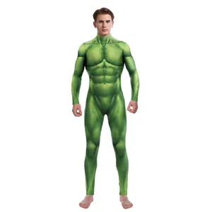 Full-body green spandex bodysuit with 3D digital muscle print for cosplay costumes