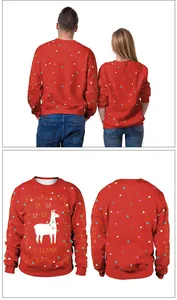 Detailed view of red Christmas sweatshirt featuring a festive llama and lights digital print
