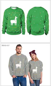 Close-up of Christmas llama print sweatshirts with rib-knit cuffs and festive slogans