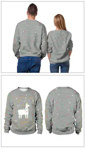 Detail view of gray crewneck sweatshirt with colorful polka dots and llama print design