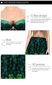 Detailed view of St. Patrick's Day dress featuring 3D shamrock prints and gold chain patterns