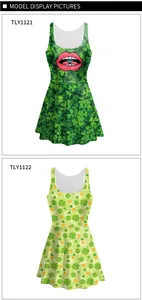 Detail view of two St. Patrick's Day dresses with clover prints and red lips graphic