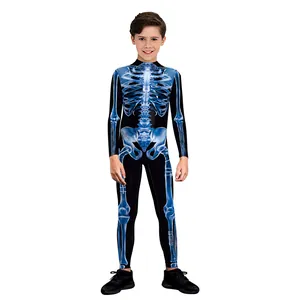 Polyester Kinder Halloween Skelett Gedruckt Langarm Jumpsuit Europäischer Amerikanischer Stil Kinder Auftrittskostüm