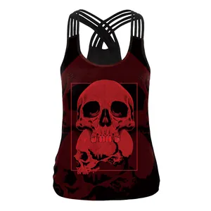 Women's Gothic Punk Skull Rose Print Camisole Tank Top Slim Fit Criss-Cross Multi-Straps Back Sleeveless Top Halloween Clothing
