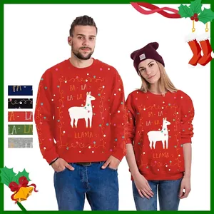 Women Men Casual Christmas Llama Print Sweatshirt Polyester Spandex Long Sleeve Round Neck Pullover Holiday Party Couple Top