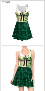 Detail of St. Patrick's Day dress featuring clover prints and lucky slogans
