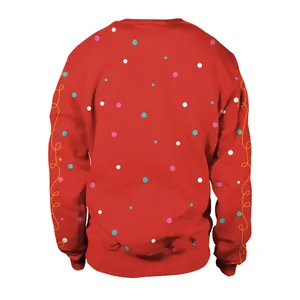 Back view of red Christmas crewneck sweatshirt with colorful polka dots and sleeve patterns