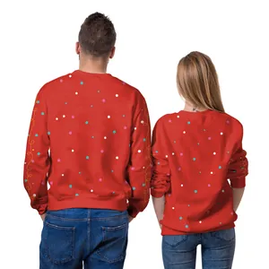 Red Christmas sweatshirt with colorful polka dots and light string sleeve patterns
