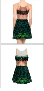 Detail of St. Patrick's Day sleeveless dress with clover print and gold vine patterns