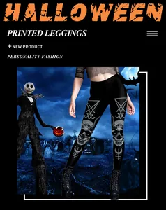 Detail of gothic leggings showing skull prints and mystic symbols for Halloween