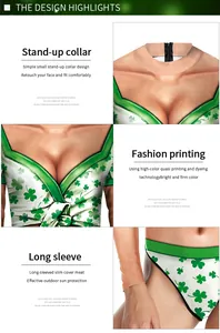 Detail view of St. Patrick's Day swimsuit featuring stand-up collar and 3D clover print