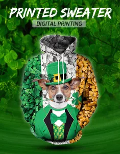 Detail of digital printing on hoodie featuring a dog in St. Patrick's Day themed hat
