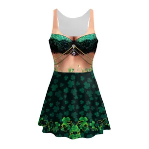 Sleeveless St. Patrick's Day plus size A-line dress with shamrock and jewel prints