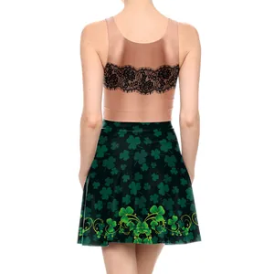 Women's St. Patrick's Day dress featuring clover print and black lace back detail