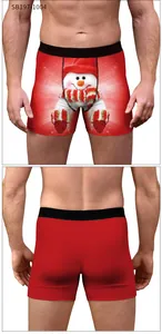 Detail of red Christmas men's boxer briefs with festive snowman print and elastic waistband