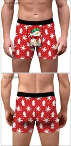 Detailed view of red men's boxers with snowman print and Merry Christmas text