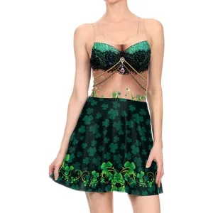 Women's St. Patrick's Day sleeveless A-line dress with green shamrock prints