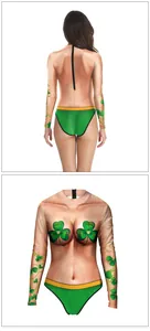Detail of St. Patrick’s Day long sleeve swimsuit with clover print and back zipper