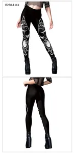 Detailed view of high-waist gothic leggings featuring sphinx cat and rose prints