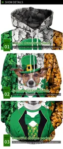 Detail view of St. Patrick's Day hoodie showing drawstring hood, dog print, and pockets