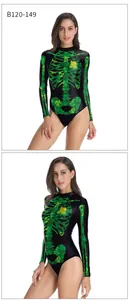 Detail of St. Patrick's Day bodysuit with green shamrock skeleton print on black fabric