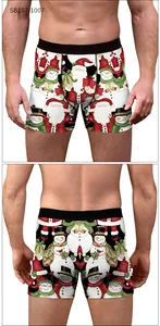 Front and back view of men's boxer briefs with festive Christmas santa and snowman prints