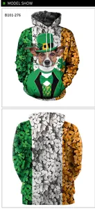 Detailed front and back view of 3D St. Patrick's Day hoodie with festive dog print