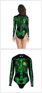Detail of St. Patrick's Day bodysuit with green clover skeleton print and back zipper