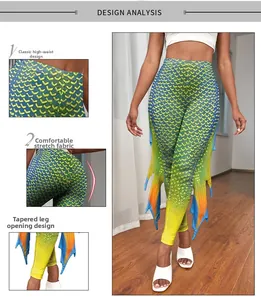 Détails de leggings sirène à taille haute avec écailles colorées et nageoires bleues