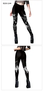 Vertical view of gothic leggings with white mystical prints of cat head and moon
