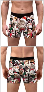 Front and back view of men's holiday boxer briefs with festive cat and dog prints