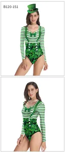 Close-up of St. Patrick's Day bodysuit featuring clover print and faux bowtie detail