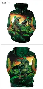 Front and back detail of green St. Patrick's Day hoodie with T-Rex and shamrock prints