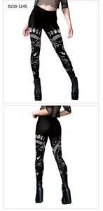 Detailed front and back view of gothic yoga leggings with white moon and cat prints