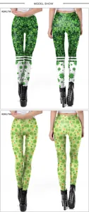 Detail view of St. Patrick's Day leggings with shamrock patterns and green stripes