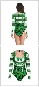 Front and back detail of St. Patrick's Day long sleeve swimsuit with shamrock prints