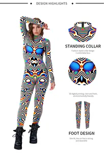 Detail showing the stand collar and 3D digital print of the slim fit bodysuit