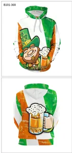 Front and back view of St. Patrick's Day hoodie with leprechaun and clover print