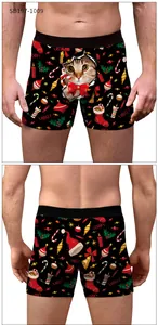 Detailed view of Christmas boxer briefs with holiday prints and creative cat graphics