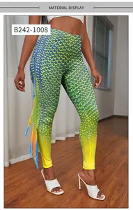 Détail de leggings sirène avec nageoires 3D latérales et imprimé écailles coloré
