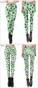 Detail view of St. Patrick's Day leggings with lucky clover and festive dwarf prints