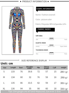 Detailed size chart and fabric specifications for digital print cosplay jumpsuit