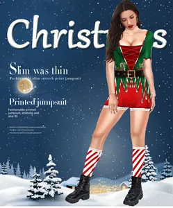 Detail of Christmas elf bodysuit with red and green prints and candy cane patterns