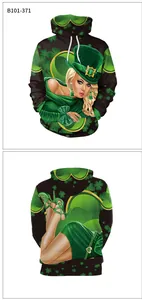 Front and back detail of St. Patrick's Day hoodie with character and shamrock prints