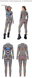 Detail showing colorful psychedelic graffiti print on long-sleeved womens jumpsuit